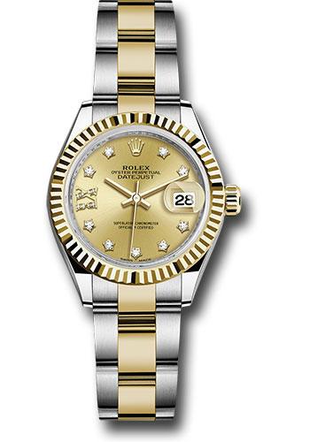 Rolex Steel and Yellow Gold Rolesor Lady-Datejust 28 Watch - Fluted Bezel - Champagne Diamond Star Dial - Oyster Bracelet - 279173