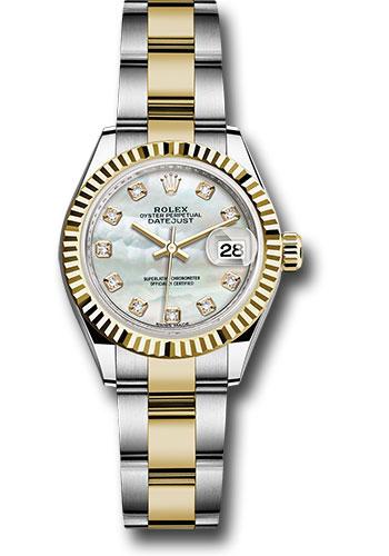 Rolex Steel and Yellow Gold Rolesor Lady-Datejust 28 Watch - Fluted Bezel - White Mother-Of-Pearl Diamond Dial - Oyster Bracelet - 279173