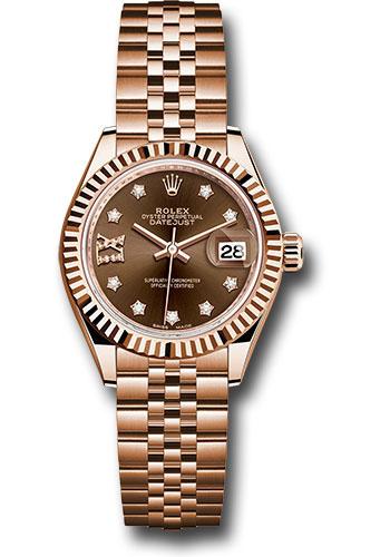 Rolex Everose Gold Lady-Datejust 28 Watch - Fluted Bezel - Chocolate Diamond Star Dial - Jubilee Bracelet - 279175