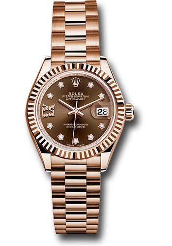 Rolex Everose Gold Lady-Datejust 28 Watch - Fluted Bezel - Chocolate Diamond Star Dial - President Bracelet - 279175