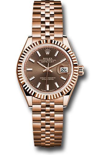 Rolex Everose Gold Lady-Datejust 28 Watch - Fluted Bezel - Chocolate Index Dial - Jubilee Bracelet - 279175
