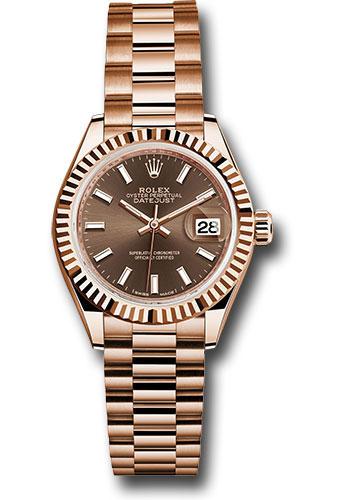 Rolex Everose Gold Lady-Datejust 28 Watch - Fluted Bezel - Chocolate Index Dial - President Bracelet - 279175