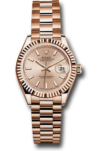 Rolex Everose Gold Lady-Datejust 28 Watch - Fluted Bezel - Pink Sundust Index Dial - President Bracelet - 279175