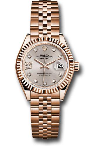 Rolex Everose Gold Lady-Datejust 28 Watch - Fluted Bezel - Silver Sundust Diamond Star Dial - Jubilee Bracelet - 279175