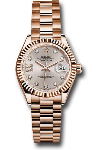 Rolex Everose Gold Lady-Datejust 28 Watch - Fluted Bezel - Silver Sundust Diamond Star Dial - President Bracelet - 279175