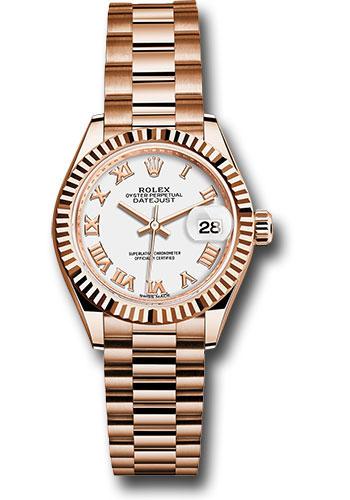 Rolex Everose Gold Lady-Datejust 28 Watch - Fluted Bezel - White Roman Dial - President Bracelet - 279175