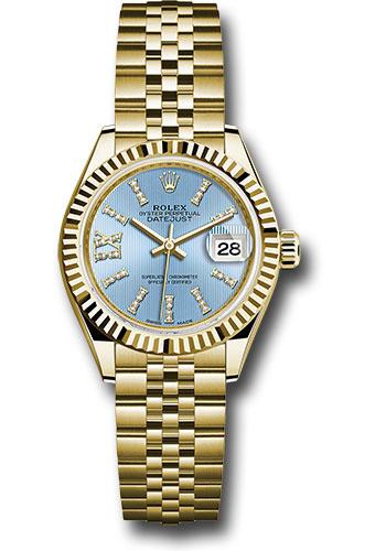 Rolex Yellow Gold Lady-Datejust 28 Watch - Fluted Bezel - Cornflower Blue Stripe Diamond Index Dial - Jubilee Bracelet - 279178