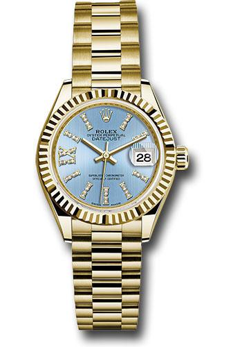 Rolex Yellow Gold Lady-Datejust 28 Watch - Fluted Bezel - Cornflower Blue Stripe Diamond Index Dial - President Bracelet - 279178