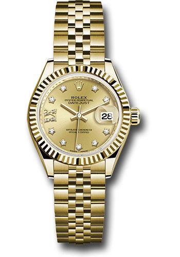 Rolex Yellow Gold Lady-Datejust 28 Watch - Fluted Bezel - Champagne Diamond Star Dial - Jubilee Bracelet - 279178