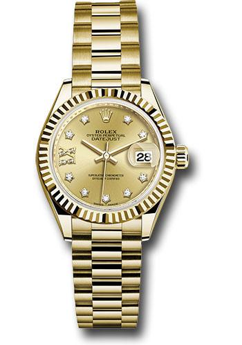 Rolex Yellow Gold Lady-Datejust 28 Watch - Fluted Bezel - Champagne Diamond Star Dial - President Bracelet - 279178
