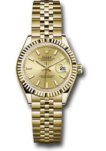 Rolex Yellow Gold Lady-Datejust 28 Watch - Fluted Bezel - Champagne Index Dial - Jubilee Bracelet - 279178