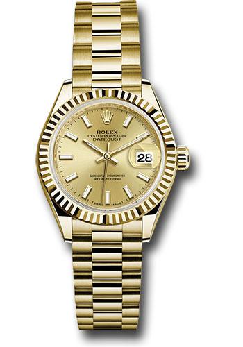 Rolex Yellow Gold Lady-Datejust 28 Watch - Fluted Bezel - Champagne Index Dial - President Bracelet - 279178
