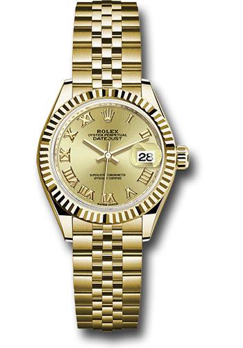 Rolex Yellow Gold Lady-Datejust 28 Watch - Fluted Bezel - Champagne Roman Dial - Jubilee Bracelet - 279178