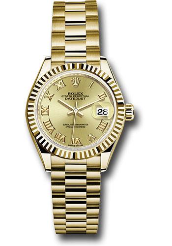 Rolex Yellow Gold Lady-Datejust 28 Watch - Fluted Bezel - Champagne Roman Dial - President Bracelet - 279178