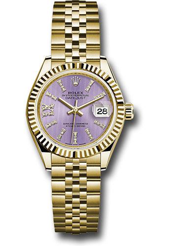 Rolex Yellow Gold Lady-Datejust 28 Watch - Fluted Bezel - Lilac Stripe Diamond Index Dial - Jubilee Bracelet - 279178