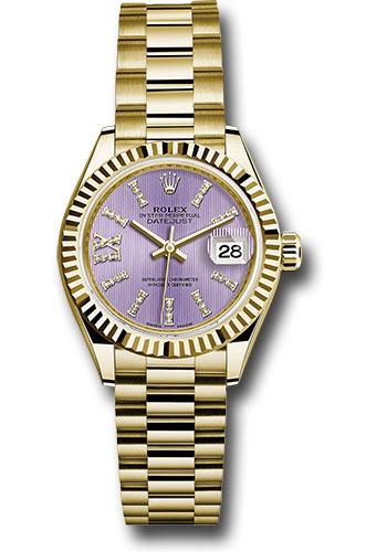 Rolex Yellow Gold Lady-Datejust 28 Watch - Fluted Bezel - Lilac Stripe Diamond Index Dial - President Bracelet - 279178