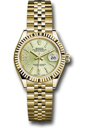 Rolex Yellow Gold Lady-Datejust 28 Watch - Fluted Bezel - Linden Green Strip Diamond Index Dial - Jubilee Bracelet - 279178