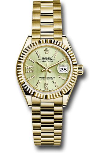 Rolex Yellow Gold Lady-Datejust 28 Watch - Fluted Bezel - Linden Green Strip Diamond Index Dial - President Bracelet - 279178