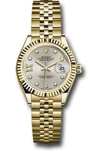 Rolex Yellow Gold Lady-Datejust 28 Watch - Fluted Bezel - Silver Diamond Star Dial - Jubilee Bracelet - 279178