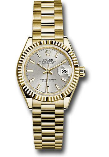 Rolex Yellow Gold Lady-Datejust 28 Watch - Fluted Bezel - Silver Index Dial - President Bracelet - 279178