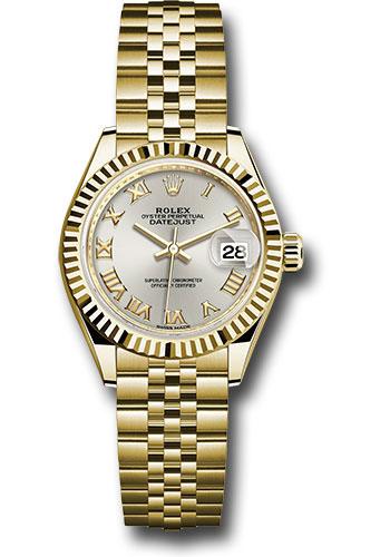 Rolex Yellow Gold Lady-Datejust 28 Watch - Fluted Bezel - Silver Roman Dial - Jubilee Bracelet - 279178