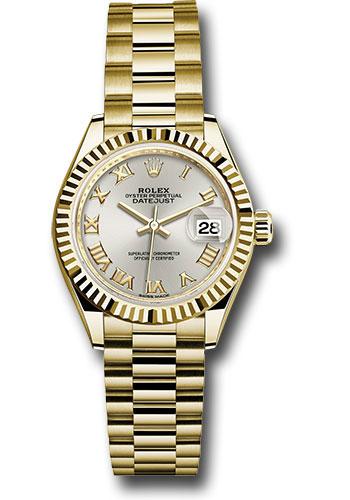 Rolex Yellow Gold Lady-Datejust 28 Watch - Fluted Bezel - Silver Roman Dial - President Bracelet - 279178