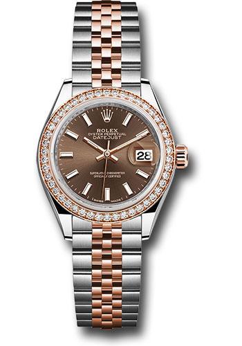 Rolex Steel and Everose Gold Rolesor Lady-Datejust 28 Watch - Diamond Bezel - Chocolate Index Dial - Jubilee Bracelet - 279381RBR
