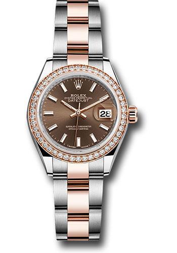 Rolex Steel and Everose Gold Rolesor Lady-Datejust 28 Watch - Diamond Bezel - Chocolate Index Dial - Oyster Bracelet - 279381RBR