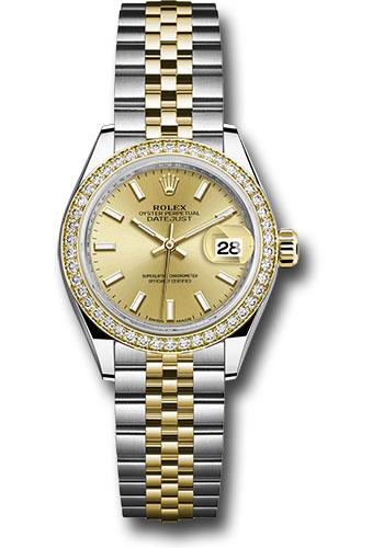 Rolex Steel and Yellow Gold Rolesor Lady-Datejust 28 Watch - Diamond Bezel - Champagne Index Dial - Jubilee Bracelet - 279383RBR