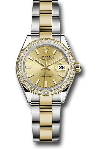 Rolex Steel and Yellow Gold Rolesor Lady-Datejust 28 Watch - Diamond Bezel - Champagne Index Dial - Oyster Bracelet - 279383RBR