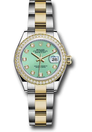 Rolex Steel and Yellow Gold Rolesor Lady-Datejust 28 Watch - Diamond Bezel - Mint Green Diamond Dial - Oyster Bracelet - 279383RBR