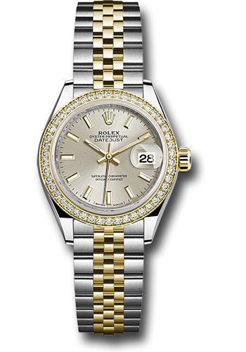 Rolex Steel and Yellow Gold Rolesor Lady-Datejust 28 Watch - Diamond Bezel - Silver Index Dial - Jubilee Bracelet - 279383RBR
