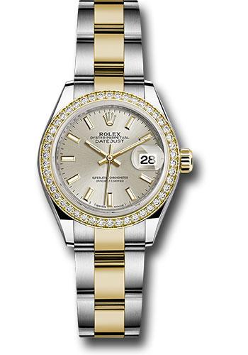 Rolex Steel and Yellow Gold Rolesor Lady-Datejust 28 Watch - Diamond Bezel - Silver Index Dial - Oyster Bracelet - 279383RBR