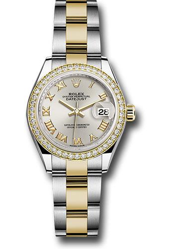 Rolex Steel and Yellow Gold Rolesor Lady-Datejust 28 Watch - Diamond Bezel - Silver Roman Dial - Oyster Bracelet - 279383RBR
