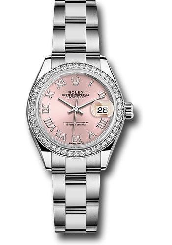 Rolex Steel and White Gold Rolesor Lady-Datejust 28 Watch - 44 Diamond Bezel - Pink Roman Dial - Oyster Bracelet - 279384RBR