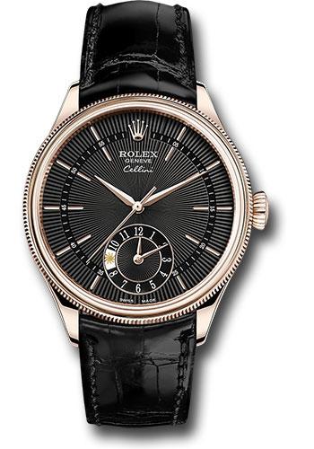 Rolex Cellini Dual Time Watch - Everose Gold - Black Dial - Black Leather Strap - 50525