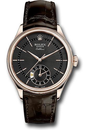 Rolex Cellini Dual Time Watch - Everose - Black Dial - Brown Leather Strap - 50525