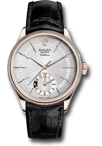 Rolex Cellini Dual Time Watch - Everose - Silver Dial - Black Leather Strap - 50525
