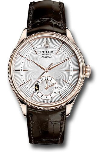 Rolex Cellini Dual Time Watch - Everose Gold - Silver Dial - Brown Leather Strap - 50525