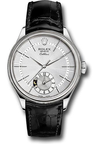 Rolex Cellini Dual Time Watch - White Gold - Silver Dial - Black Leather Strap - 50529
