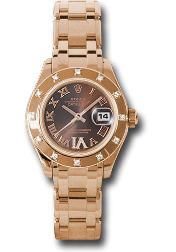 Rolex Pink Gold Lady-Datejust Pearlmaster 29 Watch - 12 Diamond Bezel - Chocolate Brown Diamond Roman Vi Roman Dial - 80315