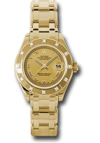 Rolex Yellow Gold Lady-Datejust Pearlmaster 29 Watch - 12 Diamond Bezel - Champagne Roman Dial - 80318