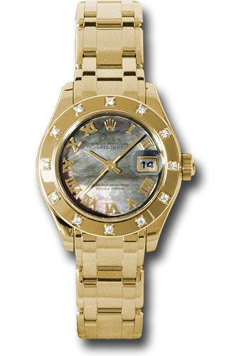Rolex Yellow Gold Lady-Datejust Pearlmaster 29 Watch - 12 Diamond Bezel - Dark Mother-Of-Pearl Roman Dial - 80318