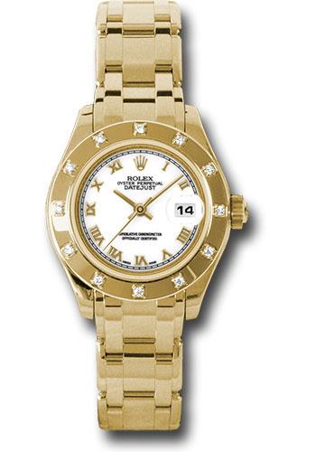Rolex Yellow Gold Lady-Datejust Pearlmaster 29 Watch - 12 Diamond Bezel - White Roman Dial - 80318