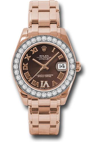 Rolex Everose Gold Datejust Pearlmaster 34 Watch - 32 Diamond Bezel - Chocolate Roman Dial - 81285