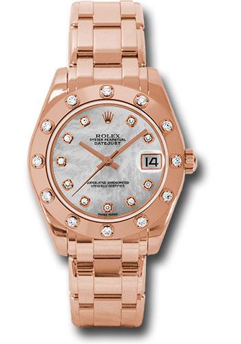 Rolex Pink Gold Datejust Pearlmaster 34 Watch - 12 Diamond Bezel - Mother-Of-Pearl Diamond Dial - 81315