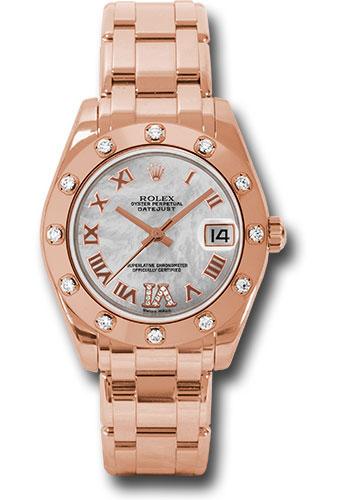 Rolex Everose Gold Datejust Pearlmaster 34 Watch - 12 Diamond Bezel - White Mother-Of-Pearl Roman Dial - 81315