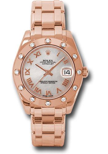 Rolex Pink Gold Datejust Pearlmaster 34 Watch - 12 Diamond Bezel - Mother-Of-Pearl Roman Dial - 81315