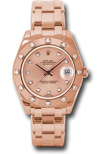 Rolex Pink Gold Datejust Pearlmaster 34 Watch - 12 Diamond Bezel - Pink Diamond Dial - 81315
