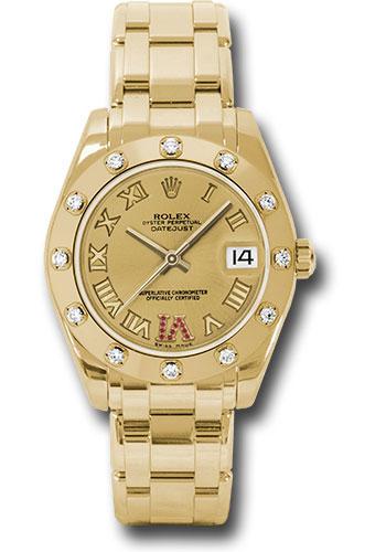 Rolex Yellow Gold Datejust Pearlmaster 34 Watch - 12 Diamond Bezel - Champagne Ruby Roman Vi Roman Dial - 81318